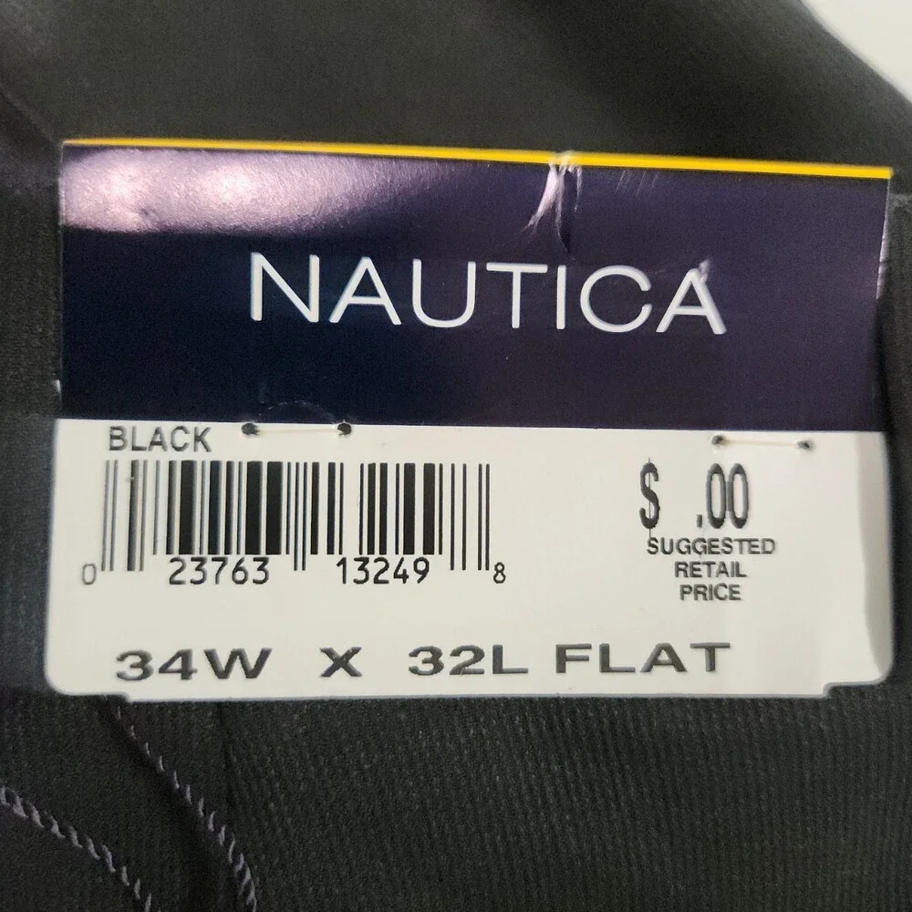 Nautica Men's Flat Front Pants 34W X 32L Black Dress Casual Trousers Brand New
